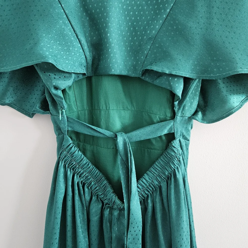 Lulu's Satin Midi Dress Emerald Green Small Polka Dot Satin Occasion Romantic - Picture 7 of 13